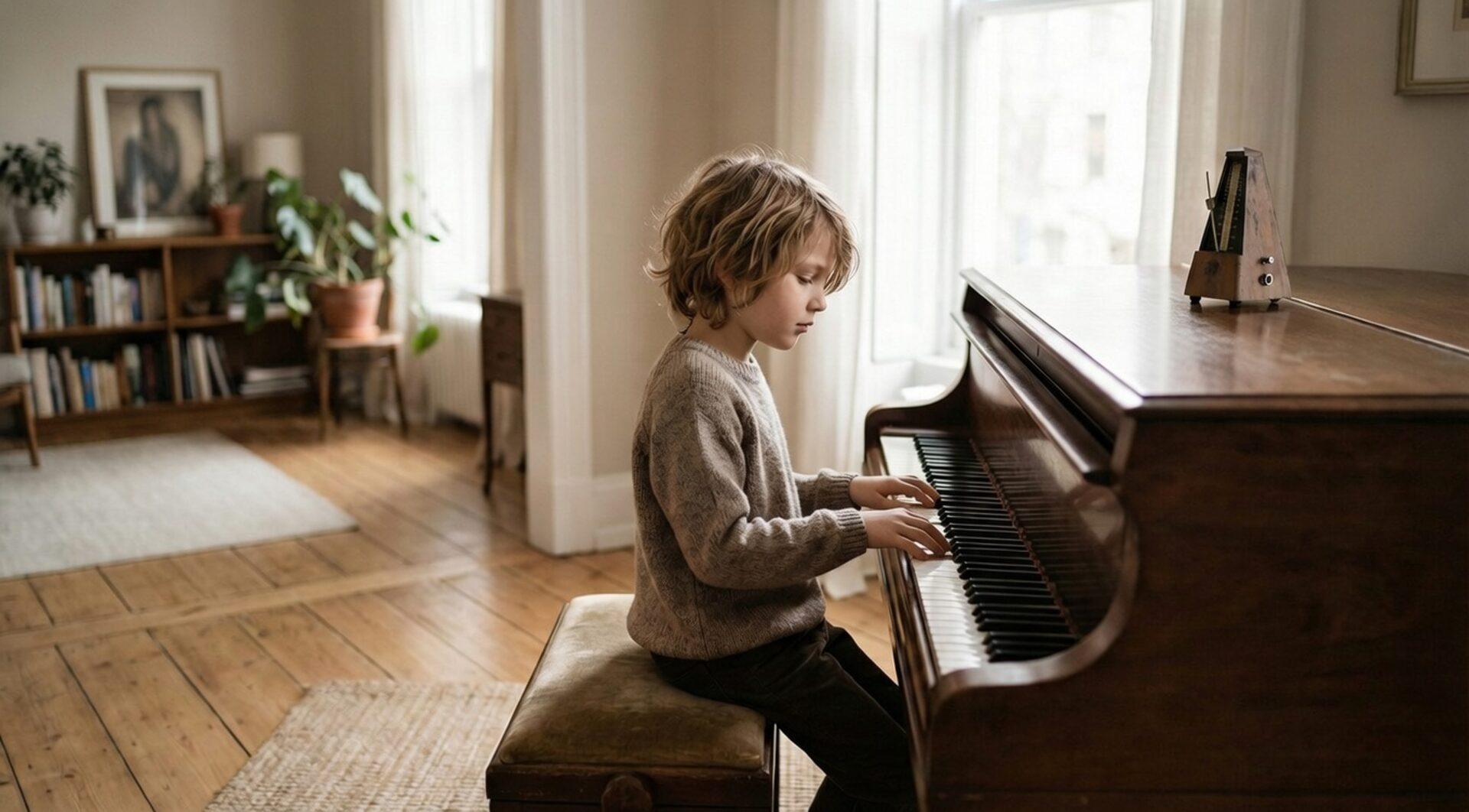 Child taking private piano lesson at home in East Cobb, GA