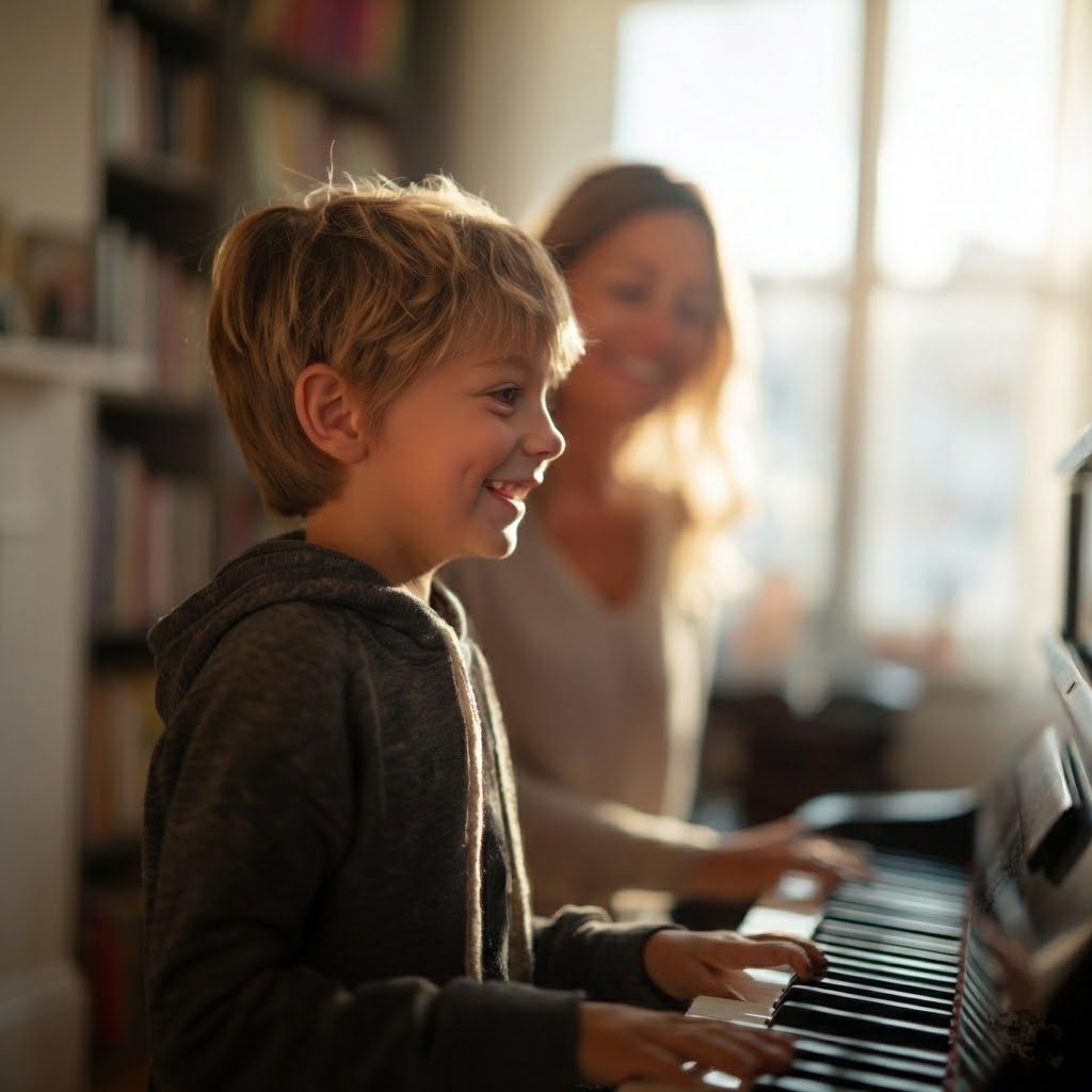 Sope Creek Elementary student smiling during an in-home piano lesson in East Cobb