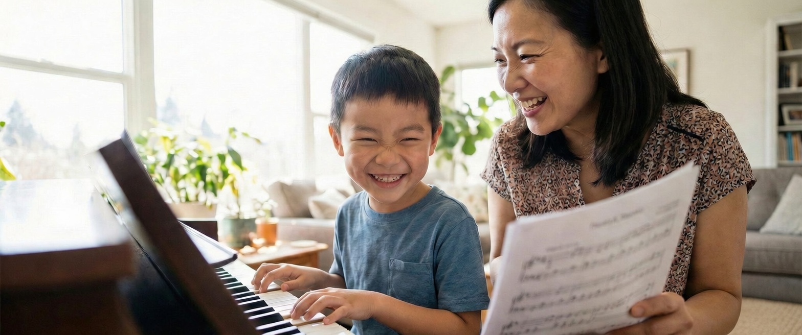 Child smiling during an in-home piano lesson