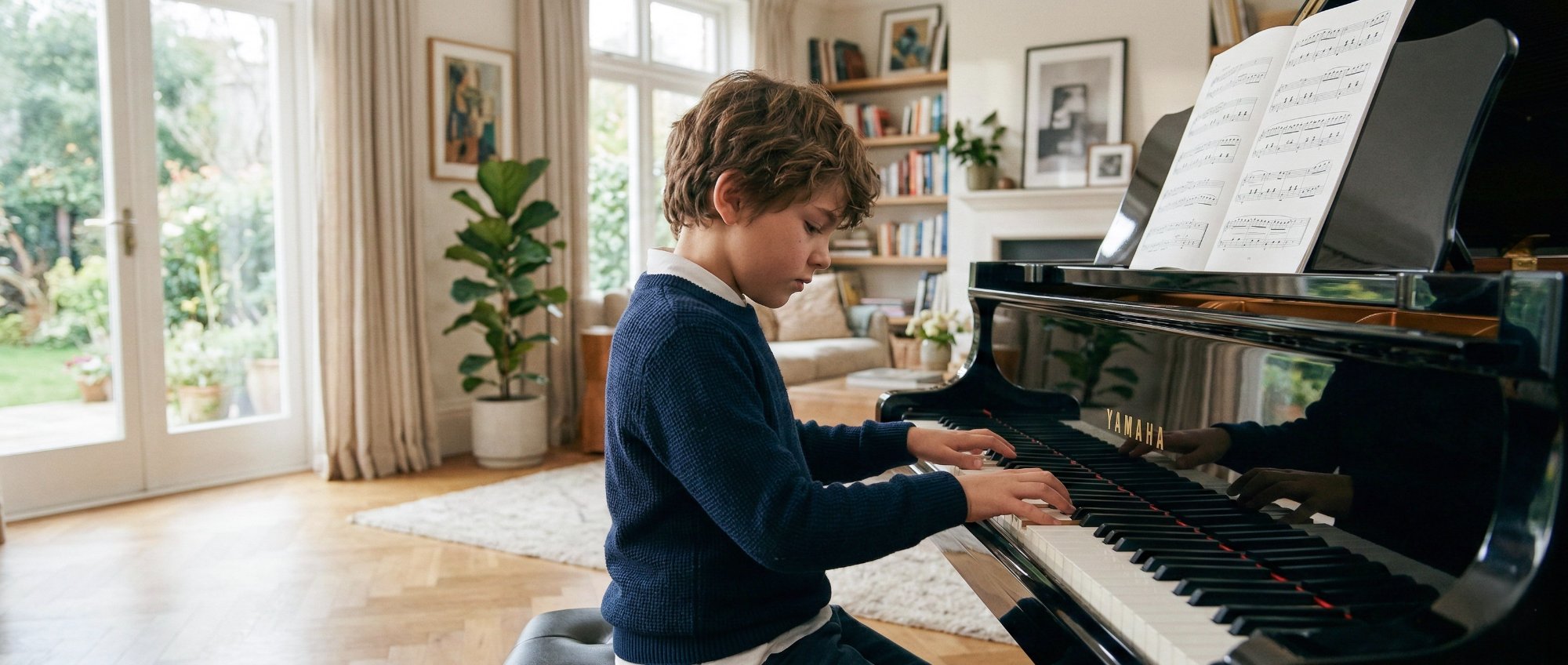 Young student practicing piano at home in Roswell, GA