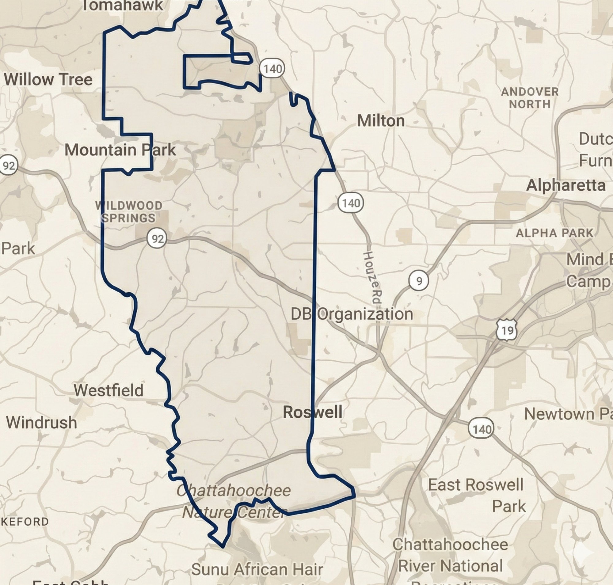 Map showing Roswell, GA piano lesson service area — west of Highway 9 including Mountain Park, Wildwood Springs, and Historic Roswell